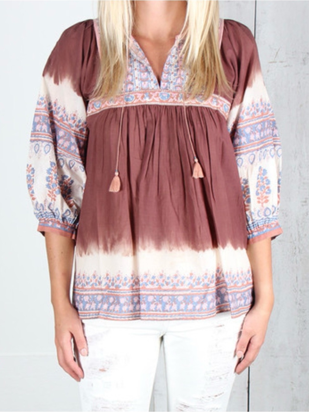 Ulla Johnson Peasant Boho Tie-Dye Peasant Top - Mauve & Cream
